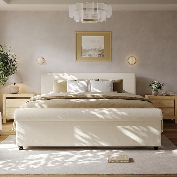 Christopher Knight Home Chenzi Linen Upholstered King Bed Frame and Headboard with Footboard, Wooden Platform King Size Bed Frame and Double-Layer Oval Legs, No Box Spring Needed, Beige