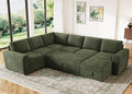 HONBAY Modular Sectional Sleeper Sofa with Pull Out Bed,Corduroy U Shaped Couch with Storage, Sectional Couches for Living Room,Green