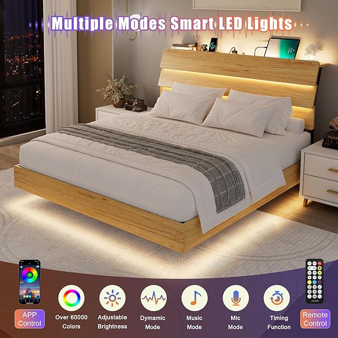 Feonase Floating Bed Frame Full with Led Lights and Charging Station, Wood Full Size Bed Frame with Storage Headboard, Heavy Duty Metal Slats, No Box Spring Needed, Easy Assembly, Noise-Free,Oak