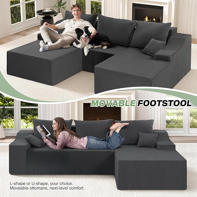 HABUTWAY U Shaped Modular Sectional Couch for Living Room, Modular Cloud Sofa with Ottoman, No Assembly Boneless Couches with Deep Seat, Corduroy Fabric (Grey, Right Facing)