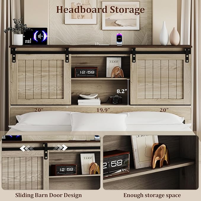 King Size Bed Frame with Storage Headboard, Sliding Barn Door, Wood Platform Bed with Reading Light and Charging Station, Wood Slats Support, Easy Assembly, Noise-Free, Light Rustic Oak