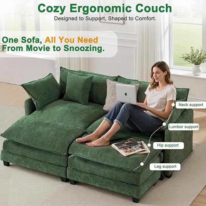 Expandable L-Shaped Sectional Sofa with Ottoman for Apartments, 77" Cloud Chenille Couch, Create a U-Shape Layout with Optional 2nd Ottoman, Solid Wood Frame, Easy Assembly