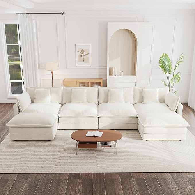 mikibama Modular Sectional Sofa, 146.5 Inch U Shaped Couch Set for Living Room, 4-Seater Comfy Cloud Couches with Two Movable Ottoman, DIY Combination, Chenille, Beige