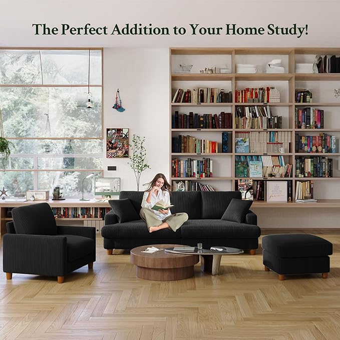 35.3" Couches for Living Room, Comfy Black Couch Single with 22.5" Deeper Seat, Accent Chair Tool-Free Setup, Reading Chair 440lbs Support, Corduroy Couch for Bedroom, Apartment, Office