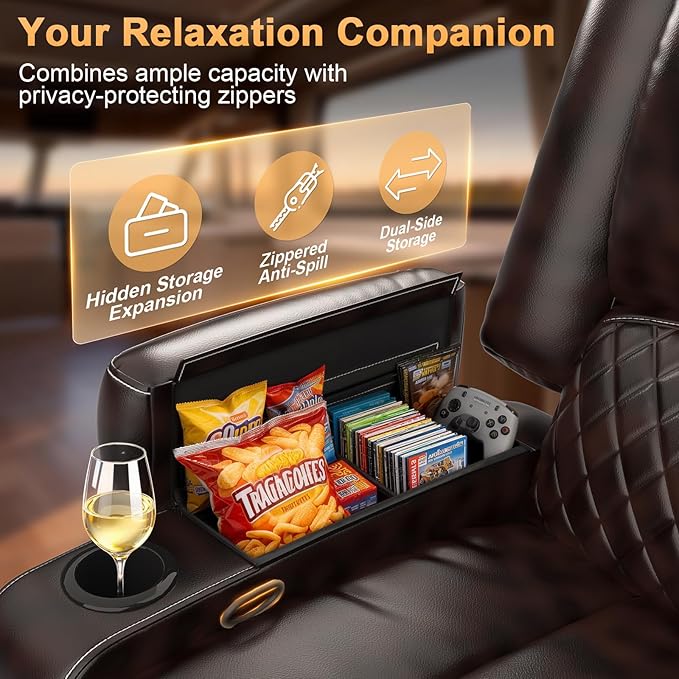 Oversized Manual Recliner Chair, 3X Recliner Home Theater Seating, RV Recliner Single Sofa with Storage, Cup Holder & Side Pocket, Reclining Chair for RV, Home Theater & Living Room (Single, Brown)