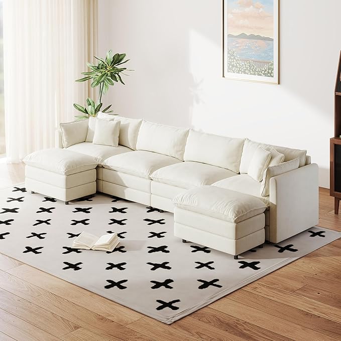 Setawix Deep 4 Seater Couch with Ottomans,147.22" U-Shaped Cloud Couches for Living Room,Chenille Cloud Sofa Couch with Foorest,Modular Sectional U Shape 4 Seat Sofa for Bedroom (Beige, 4+2)