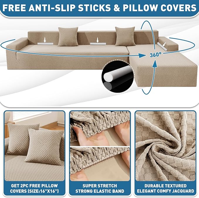 ZNSAYOTX Sectional Couch Covers, Stretch Jacquard Slipcovers with Elastic Bottom for L-Shape Sectional Sofa, 2 Pcs Pet Friendly Modular Sofa Protector (3 Seat Couch + 3 Seat Chaise, Khaki)