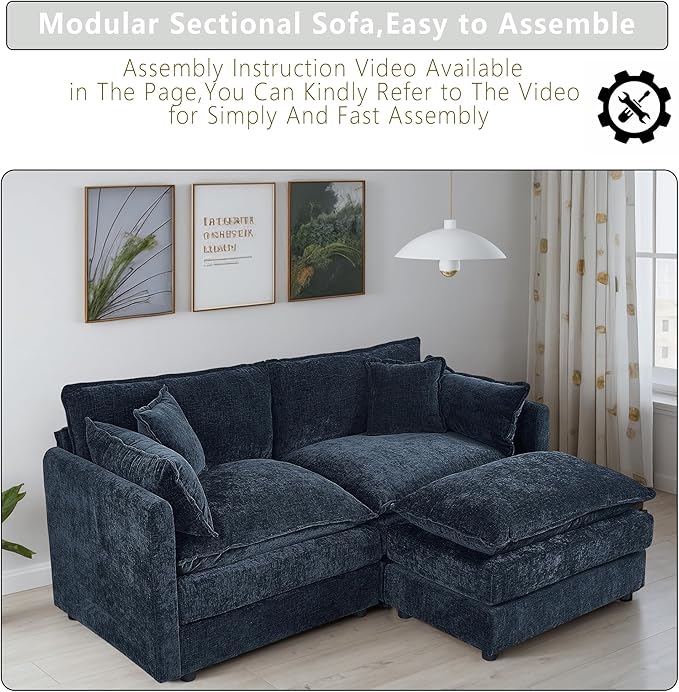 Setawix Deep Loveseat Couch with Ottoman,Large L-Shaped 2 Seater Cloud Couches for Living Room,77.16" Chenille Cloud Sofas with Deep Seat,Modular Sectional 2 Seat Sofa for Bedroom (Blue, 2+1)