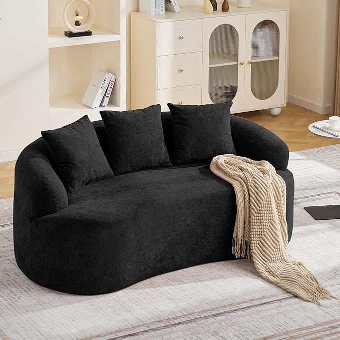 65" Boneless Curved Loveseat Sofa, Deep Seat Love Seat Couches, Modern 2 Seater Curved Couch with 3 Throw Pillows, Compressed Floor Sofa for Living Room Small Spaces, No Assembly, Black