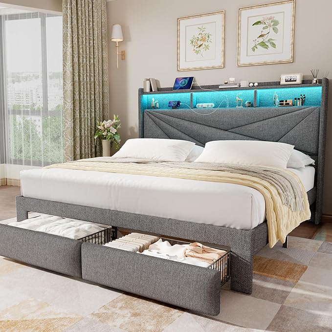 Driftalia Queen Bed Frame with 2-Tier Storage Headboard, Upholstered Bed Frame Queen Size with 2 Drawers, Charging Station and LED Lights, No Box Spring Needed, Easy Assembly - Light Grey