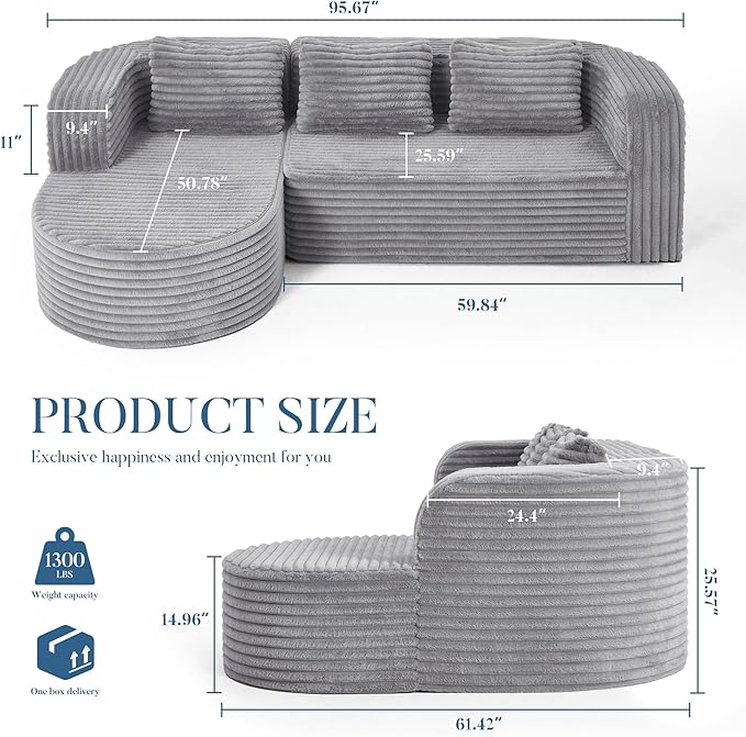 Hobestluk 96" Cloud Sectional Couch Modern Boneless Couch 3 Seater with Oversized Chaise L Shaped Modular Sofa for Living Room Apartment No Assembly Required (Stripe Lightgrey,Left Facing Chaise)