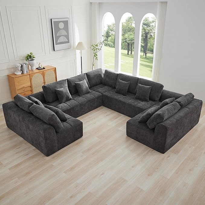 140'' Boneless Modular Couches for Living Room, Compressed Cloud Sectional Modern Sofa, U Shaped 9 Seater Upholstered Memory Foam Oversized Sofa, No Assembly, Chenille Grey