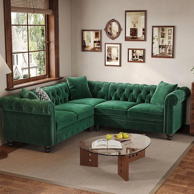 ONBRILL Velvet Chesterfield Sofa, L Shaped Sectional Sofa with Tufted Back & Rolled Arms, 3 Throw Pillows, Small Corner Sectional Couch for Living Room, Apartment, Green | Velvet Fabric