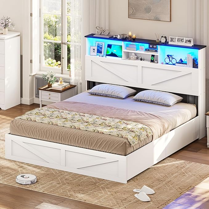 VIAGDO Farmhouse Bed Frame Full Size with Bookcase Storage Headboard, Charging Station and LED Lights, Wooden Full Bed Frame with 4 Drawers, Barn Door Design, No Box Spring Needed, No Noise, White