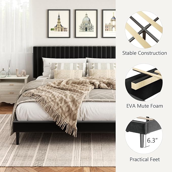 HAOARA King Size Bed Frame, King Size Platform Bed Frame and Velvet Upholstered Headboard with Strong Wood Slats, Box Spring Optional, Mattress Foundation, Easy Assembly Black