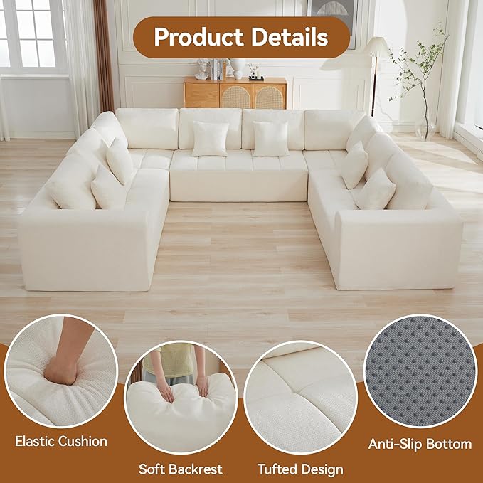 140''Modular Sectional Couches for Living Room, Cloud Boneless Compressed Sectional Sofa, Oversized U Shaped 8 Seater Upholstered Memory Foam Sofa, No Assembly, Chenille Beige