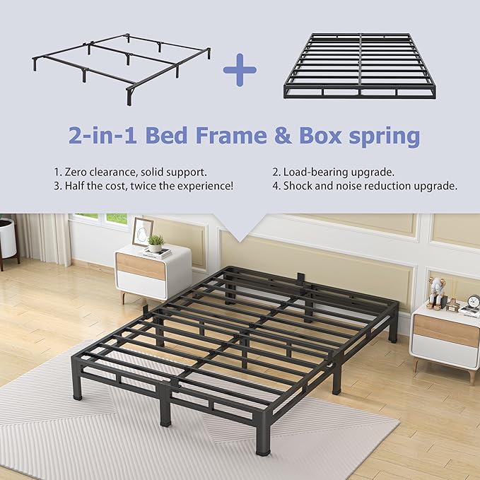 NKZ 7 Inch Full Size Bed Frame, Metal Bed Frame & Box Spring 2 in 1 Platform with Round Corner Legs, 4000Lbs Heavy Duty Low-Profile Frame, Mattress Slide Stopper, Noise-Free, Easy Assembly