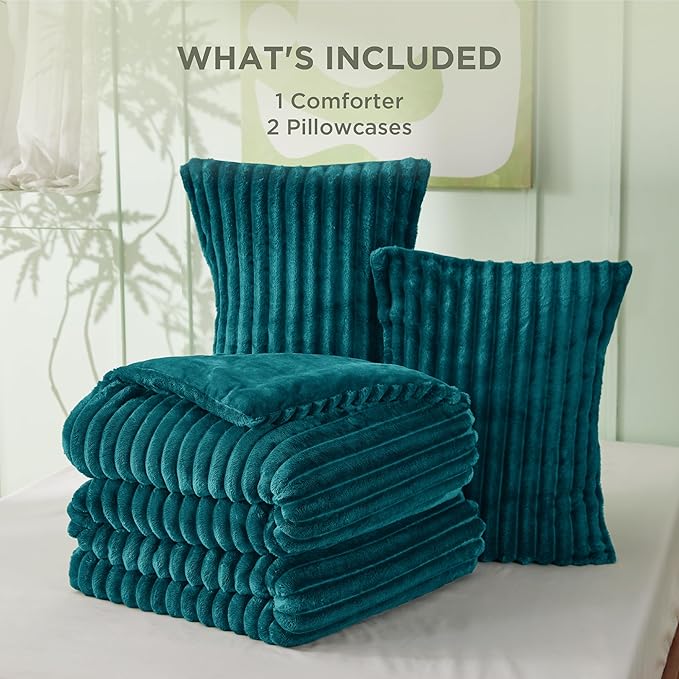 Bedsure Full Size Comforter Sets - GentleSoft™ 3 Pieces Double-Side Fleece Fluffy Teal Comforter Set, Cozy Striped Room Decor Aesthetic, Luxury Full Size Bedding, 2 Pillowcases, 82x86 Inches