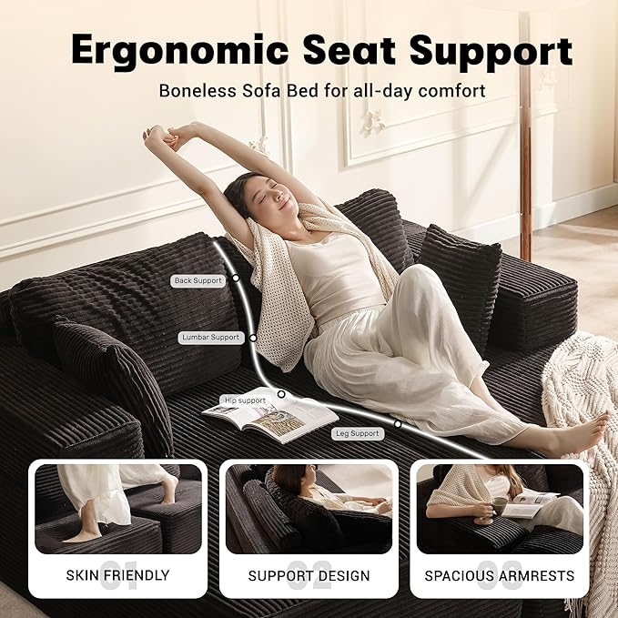 Chaise Lounge Chair, Boneless Couch for Living Room and Bedroom, Set of Sleeper Couches Reading Chairs, Corduroy, Black