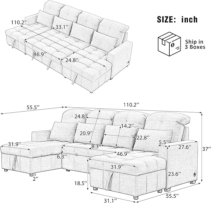 Harper & Bright Designs 110.2" Oversized U-Shaped Sofa Versatile Sectional Sofa Pull-Out Sofa Bed with Double Storage Chaise Lounges and Two USB Ports for Living Room,Gray