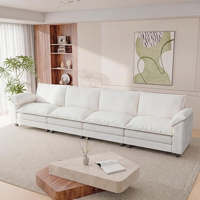 158.6'' Sectional Cloud Couch with 4 Seats & Wide Armrests, Oversized Linear Sofa with Double Layer Cushions, Comfy Chenille Couches for Living Room and Apartment (White, Linear Sofa)