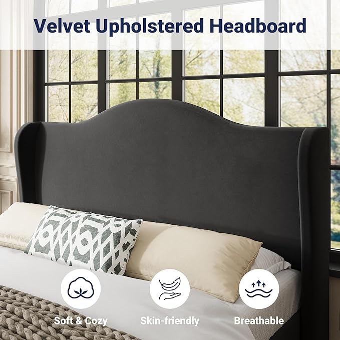 Allewie Full Size Bed Frame, Upholstered Wingback Platform with 47" Tall Tufted Headboard, Plush Velvet Fabric, Modern Minimalist Design, No Box Spring Required, Tool-Free Assembly, Black