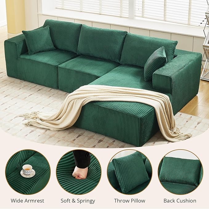 Sectional Cloud Boneless Couch 108" Modern Comfy L-Shape No Assembly Required Convertible Compression Sleeper Modular Sofa with Corduroy Fabric Deep Seat Loveseat + Chaise for Living Room
