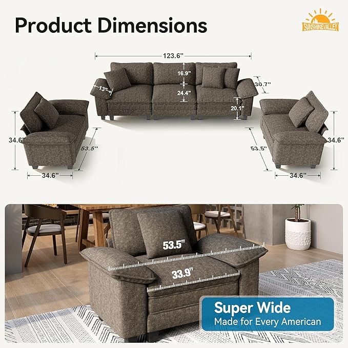 3 Piece Living Room Sofa Furniture Set, Chenille 2 Comfy Cloud Chairs and 3-Seat Modular Couch with Pillow, Oversized 5-Seat Modern Deep Sectional Sofa for Apartment, Smoky Grey