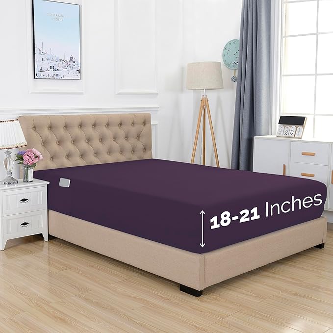 Elegant Comfort 1500 Premium Hotel Quality 18-21 Inches Deep - Extra Deep Pocket Single Fitted Sheet for High Mattress, Luxury and Softest, Smart Pocket - Wrinkle Free, California King, Purple