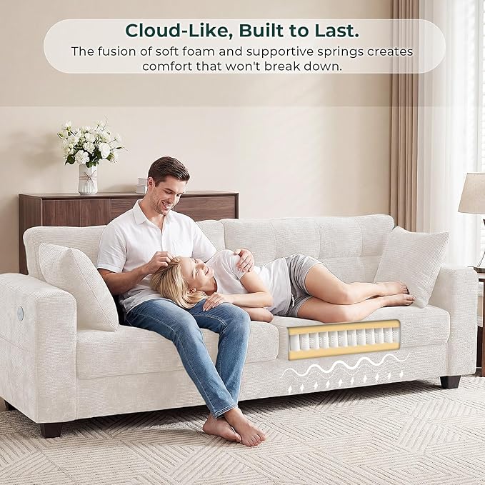 87" Loveseat Sofa for Living Room, Modern Chenille Cloud Couch with USB/Type-C Charging Ports, Side Pockets, Removable Cover, Wide Armrests, Small Couch for Small Space, Easy Assembly, Beige