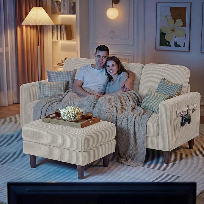 YESHOMY L-Shaped Sofa Couch, Small Couch with Reversible Chaise and Ottoman, Convertible Sectional Comfy 3 Seat Sofas with Side Pockets for Apartment and Living Room (Cream)