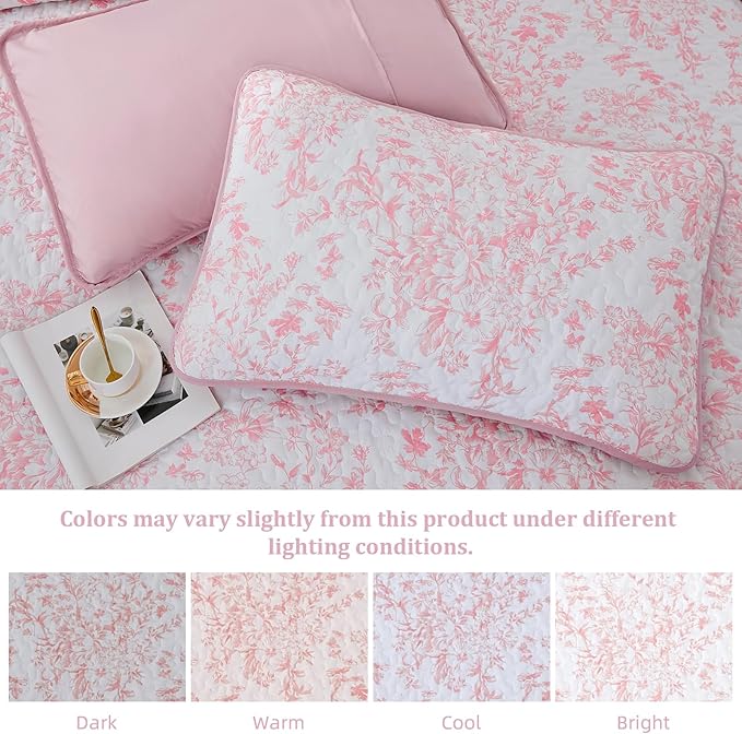 WONGS BEDDING Quilt King Size, Pink Quilt Bedding Set with 2 Pillowcases, Botanical Quilt for King Bed, Soft Microfiber Lightweight Coverlet Bedspread for All Season (110"×90", 3 Pieces)