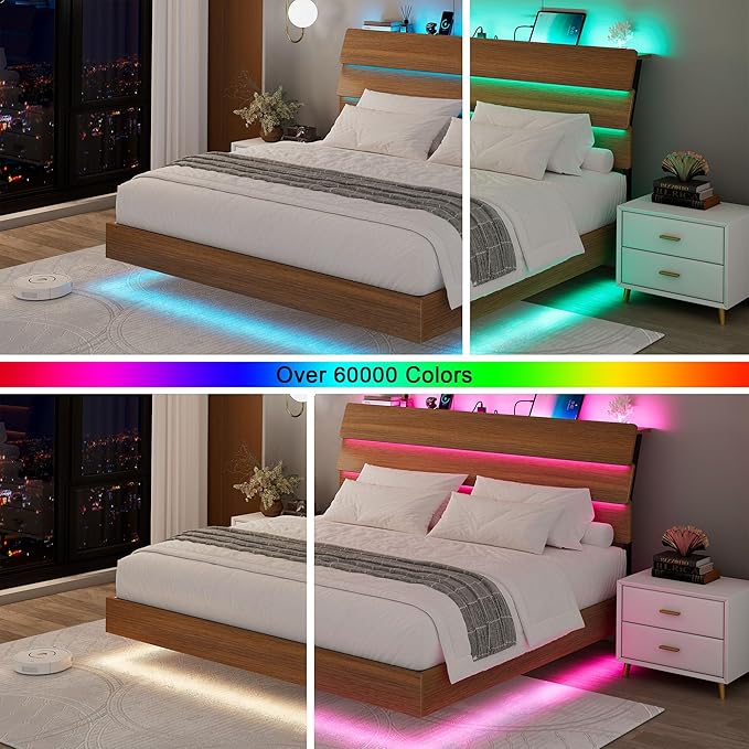 Feonase Floating Bed Frame King with Led Lights and Charging Station, Wood Full Size Bed Frame with Storage Headboard, Heavy Duty Metal Slats, No Box Spring Needed, Easy Assembly,Walnut