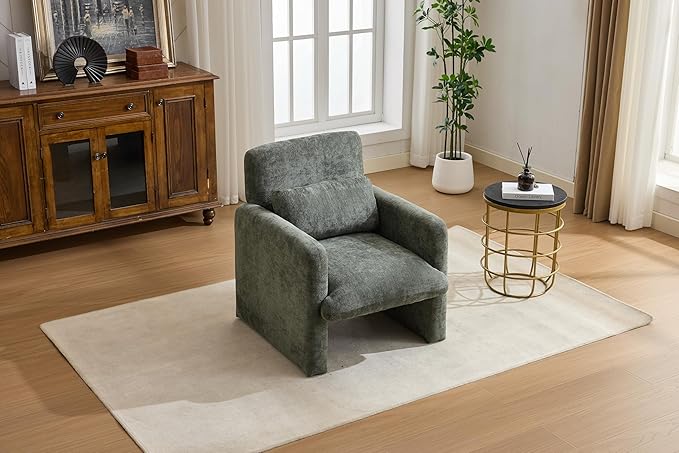 GDFStudio 30" Modern Accent Chair, Upgrade Leisure Boucle Upholstered Armchair with Straight Arms and Waist Pillow, Comfy Single Sofa Chair for Living Room Bedroom Office Apartment, Antique Green