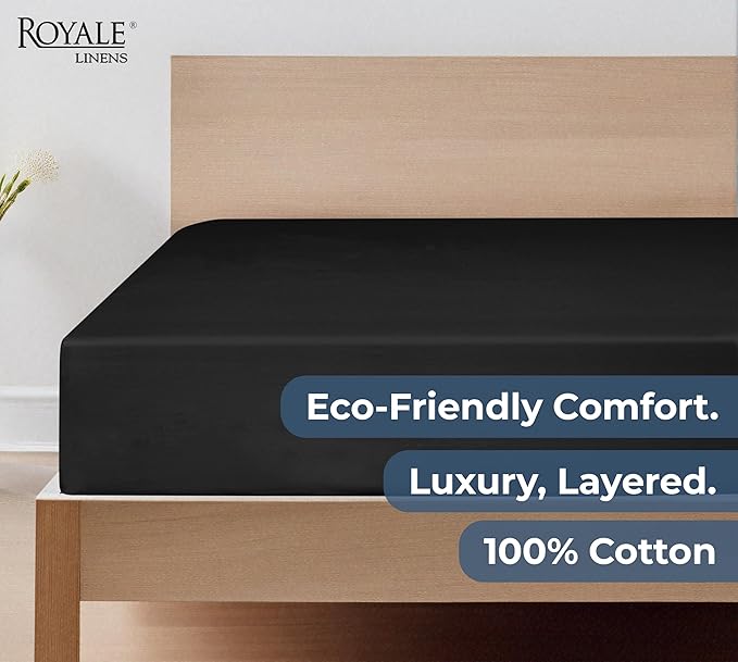Royale Linens 100% Organic Cotton Fitted Sheet - Percale Weave - Super Soft Deep Pocket Bottom Sheets - Black Elastic Sheet King Cal Size - California King Fitted Sheets Only - (72"x84"+15", Black)
