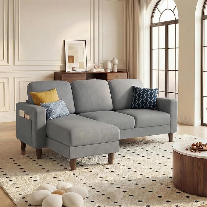 YESHOMY L-Shaped Sofa Couch, Small Couch with Reversible Chaise and Ottoman, Convertible Sectional Comfy 3 Seat Sofas with Side Pockets for Apartment and Living Room (Light Gray)