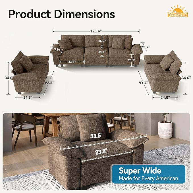 3 Piece Living Room Sofa Furniture Set, Oversized Chenille 2 Comfy Cloud Chairs and 3-Seat Modular Couch with Pillow, 5-Seat Modern Deep Sectional Sofa for Apartment, Taupe