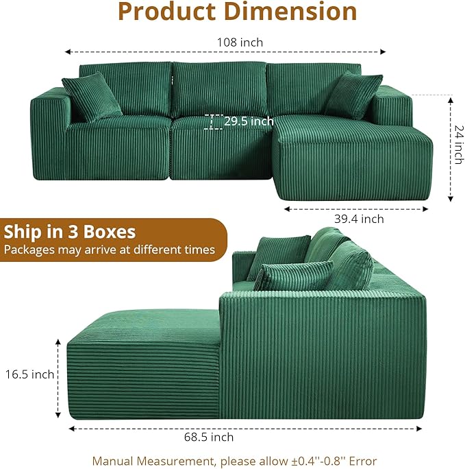 Sectional Cloud Boneless Couch 108" Modern Comfy L-Shape No Assembly Required Convertible Compression Sleeper Modular Sofa with Corduroy Fabric Deep Seat Loveseat + Chaise for Living Room
