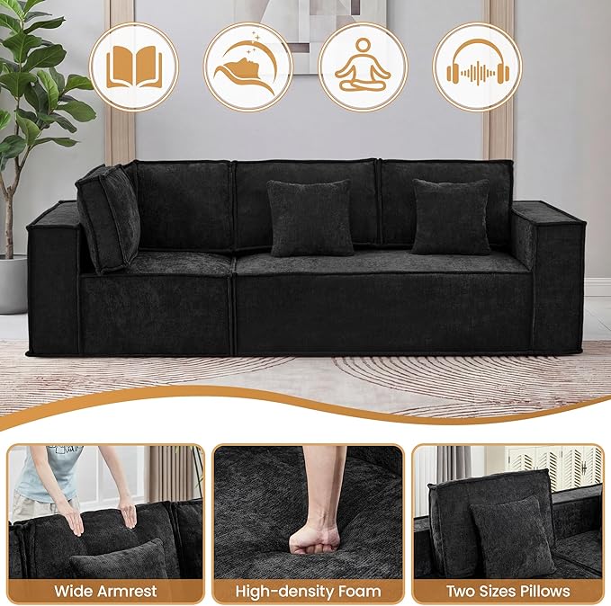 108'' Comfy Chenille Boneless Couch, Oversized Modular Sectional 3 Seater Sofa, Modern Deep Seat Corner Cloud Compressed Couch, No Assembly Sleeper Sofa with Chaise for Living Room, Black