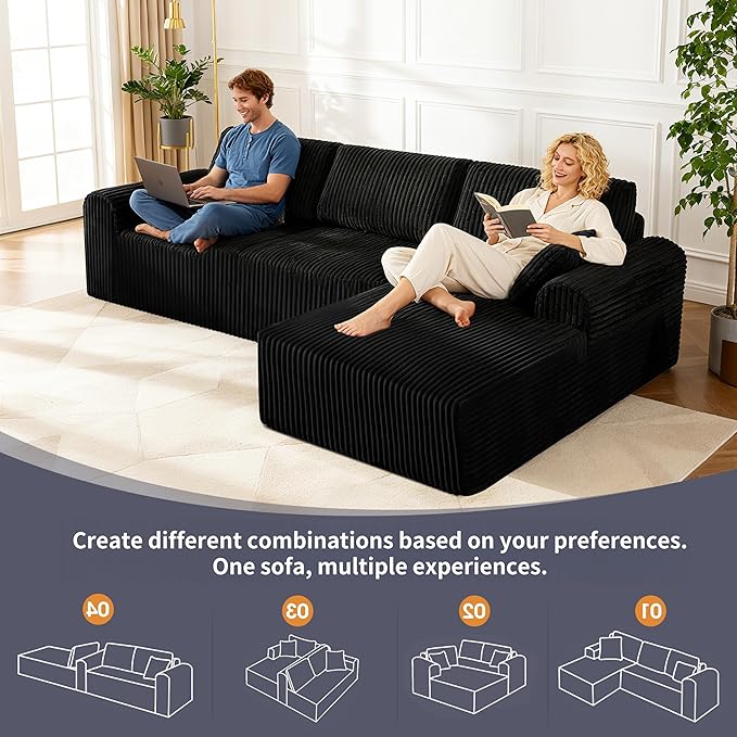 109“L-Shaped Sectional Sofa Boneless Couch Upholstery Cloud Modular Couch with Chaise No Assembly Required Corduroy Fabric Combination Deep Seat Living Room Bedroom(Black, Right Hand Facing)