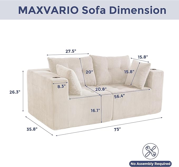 MAXYOYO Modular Sectional Sofa Couch, Loveseat Boneless Cloud Couch for Living Room, Sofa in A Box, Tufted Upholstered Cozy Chair with Cup Holders, No Assembly Required, Beige