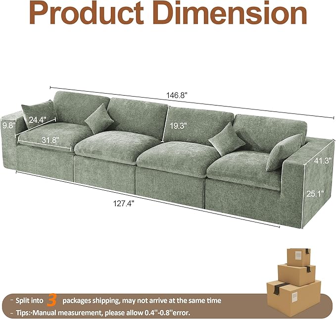 146''Cloud Boneless Sectional Couch, Modular Sectional Sofa Deep Seat, Oversized Upholstered Convertible Comfy 4 Seater Chenille Memory Foam Sofa Couches for Living Room, Green