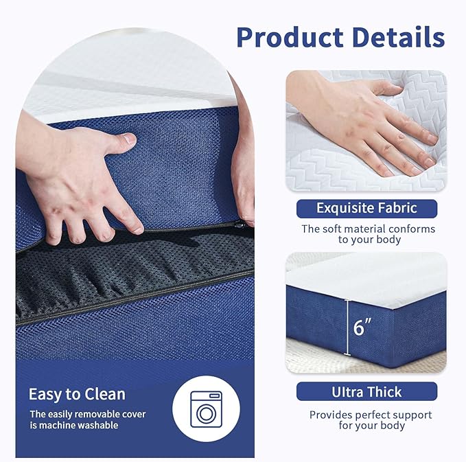 CYMULA Folding Mattress Single Size,6 inch Memory Foam Tri Portable Trifold Mattress Topper Single with Breathable & Washable Cover, Foldable Guest Bed for Camping(25"×75"×6")