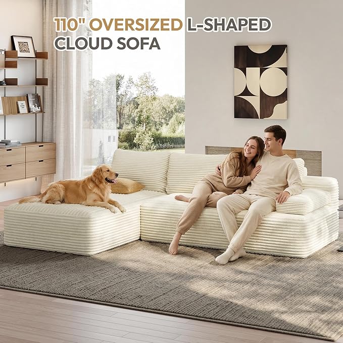 Yaheetech 110" Modular Sectional Sofa Corduroy Boneless Couch with Chaise L-Shape Cloud Couch with Detachable Pillows No Assembly Sofa for Living Room, Beige