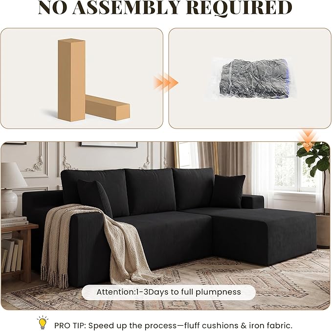 Cloud Sectional Boneless Couches for Living Room, Modular L Shaped Couch with Deep Seat Oversized Right Facing Chaise, Memory Foam Compressed Spineless Sofa for Bedroom, Fine-Striped Black | Washable Covers, Flexible Modular, High-Resilience Foam, Cat-...