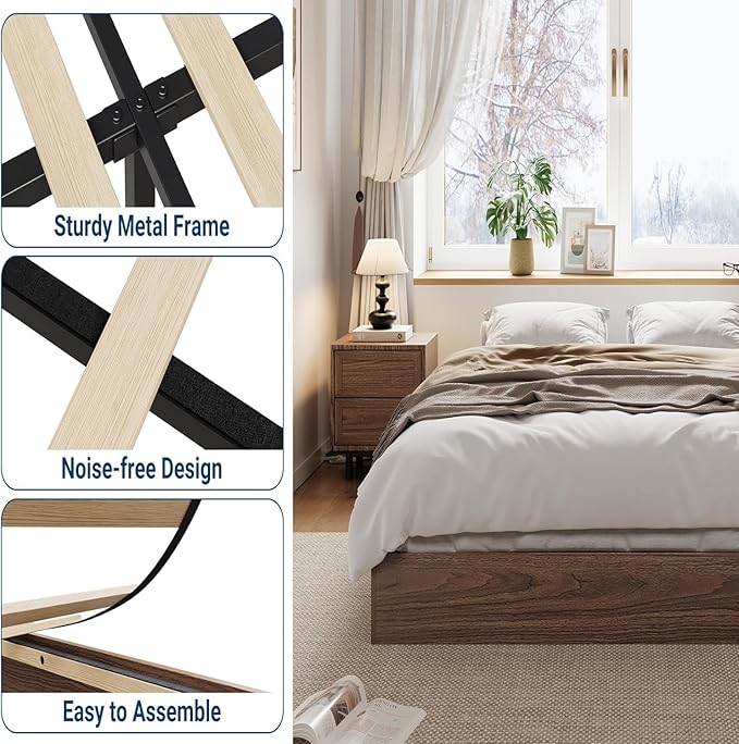 Solid Wood Platform Bed with Sturdy Wooden Slats, California King Size Floor-Standing Bed Frame, Modern Minimalist Design Bed Frame, No Box Spring Needed, Easy Assembly