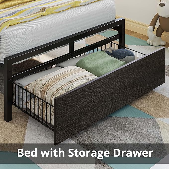 LIKIMIO Twin Bed Frames with Drawer, Storage Headboard with Outlets, No Box Spring Needed, Easy Assembly, Gray Black