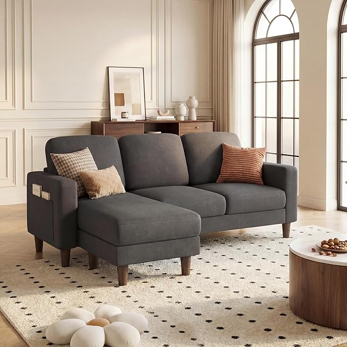 YESHOMY L-Shaped Sofa Couch, Small Couch with Reversible Chaise and Ottoman, Convertible Sectional Comfy 3 Seat Sofas with Side Pockets for Apartment and Living Room (Dark Gray)