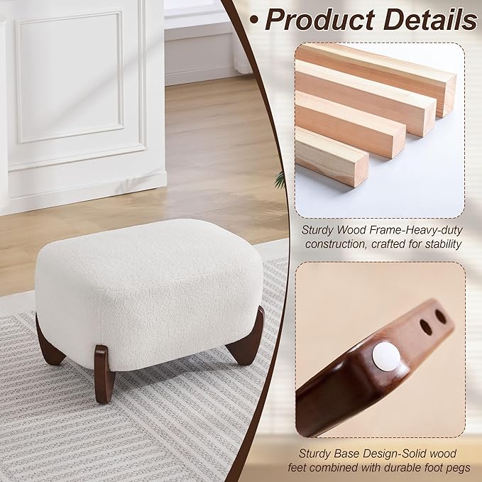 28.7" Sherpa Boucle Ottoman with Solid Wood Legs, Modern Upholstered Footstool, Comfy Ottoman for Living Room, Bedroom, White