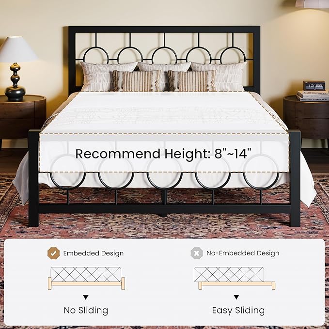 SHA CERLIN Queen Size Metal Bed Frame with Vintage Circular Design Headboard and Footboard,No Box Spring Required,Easy Assembly,Noise-Free,Black